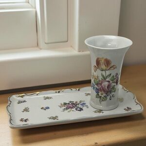 Vintage German Porcelain Floral Vase and Tray Set with Floral Design